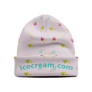 White custom beanie with colorful ice cream cone pattern and 'icecream.com' text on the fold