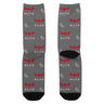 Custom dye sublimation dress socks in gray with black toes, featuring repeated red leaf, "ELITE", and "921" logo designs