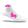 White ankle sock with bright pink Lyft logo and mustache icon, custom dye sublimation design