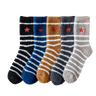 Striped fuzzy crew socks in five colors with red star embroidery, displayed side-by-side for custom logo and color variety.