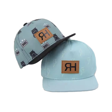 Custom snapback hats with truck and lightning bolt graphics and front leather patch logos.