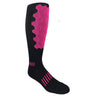 Custom black deadlift gym sock with bright pink honeycomb compression panel and striped arch support design